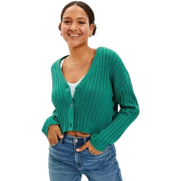 New! American Eagle Ribbed Knit Cropped  Button Down Cardigan Oversized Sweater - Picture 1 of 12